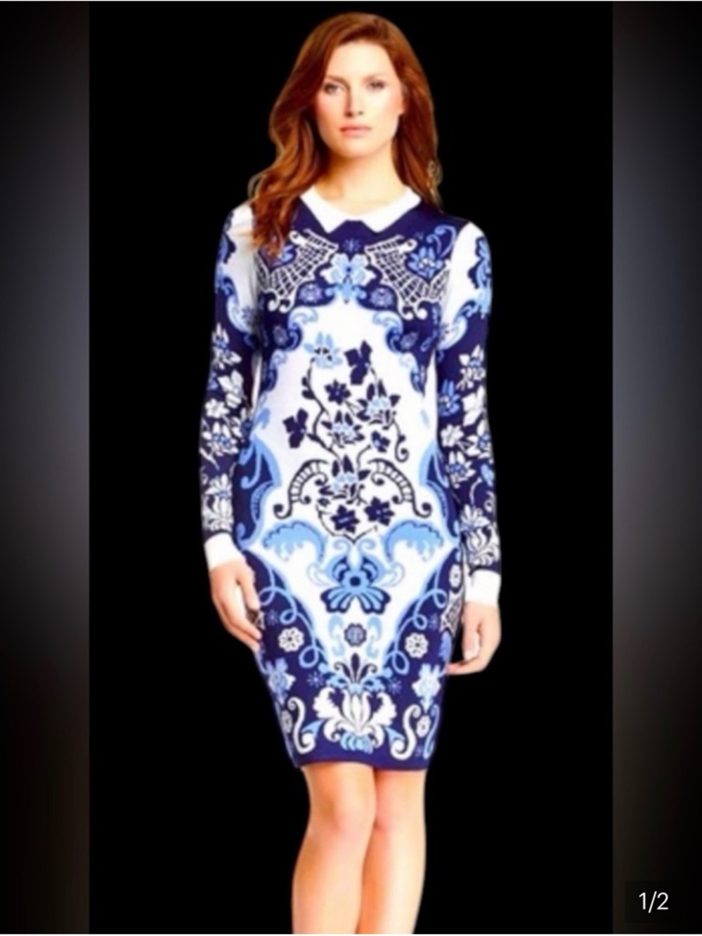 Cynthia Steffe Navy, Light Blue & White Floral Long Sleeve Bodycon Dress - Picture 3 of 3